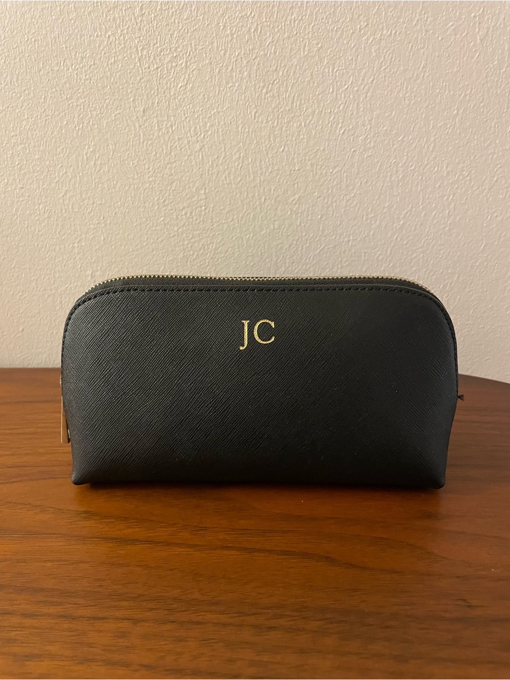 tde. Black Saffiano Cosmetic Zip Pouch with Gold Initials